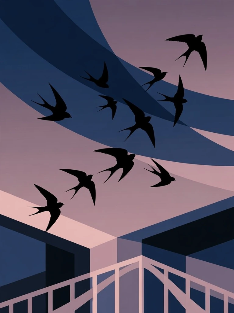 Portada: golondrinas volando sobre un balcón al atardecer